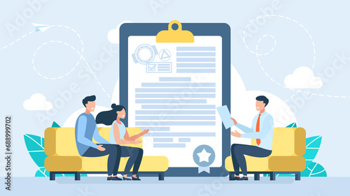 Business partners coming to agreement and concluding contract. Young family in real estate office. Couple choosing home. Property broker. Partnership, cooperation and teamwork. Flat illustration