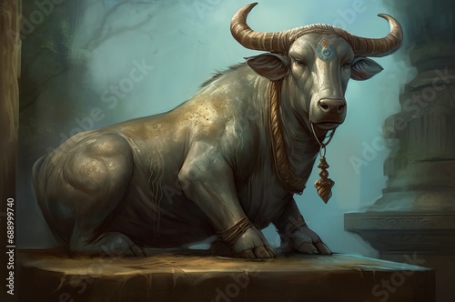 Nandi Hinduism divine bull. Sacred cultural mythic deity bovine god. Generate ai photo