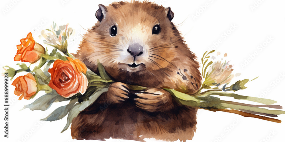 Groundhog Holding an Orange Rose Flowers. Watercolour Illustration of a Cute Anthropomorphic Groundhog Isolated on White. - obrazy, fototapety, plakaty 