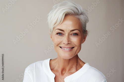 Matured woman with wrinkles in her face isolated on minimal background. beautiful smiling woman with good health. Short hair modern 50s mid-aged woman portrait  Old lady Skin care advertising concept