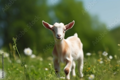 goat kid is playing in the grass