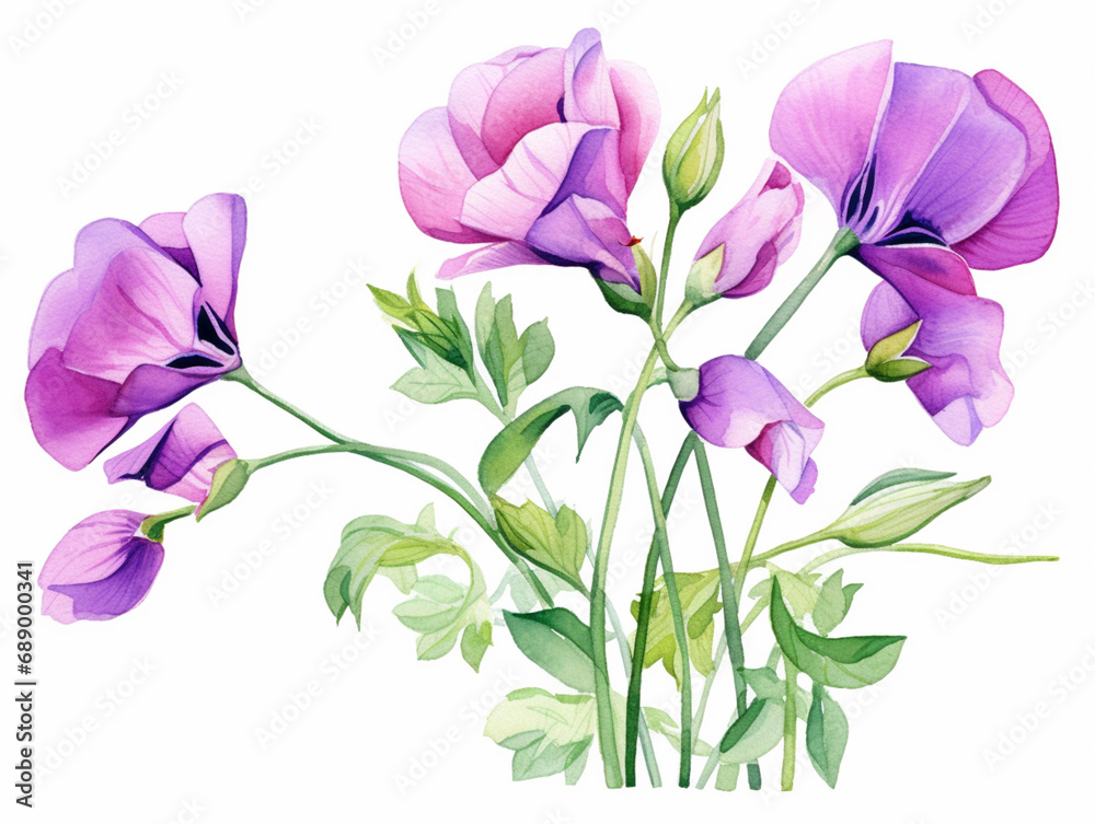 Pink Sweet Pea Flower. Watercolour Illustration of  Purple Sweet Peas Stem Isolated on White Background.