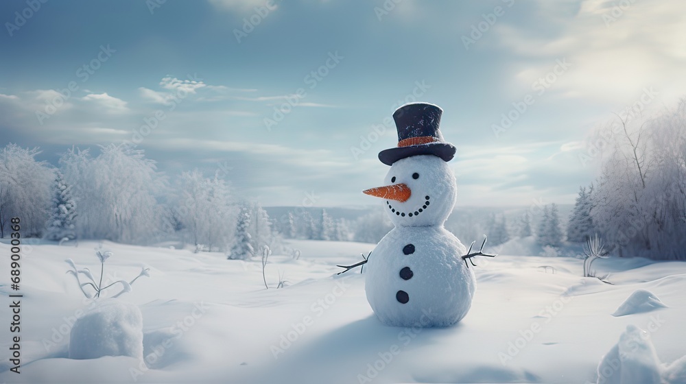 Obraz premium Adorable snowman with a carrot nose and a top hat, set amidst a serene snowy field. Classic winter scene, holiday decoration, seasonal joy, frosty landscape. Generated by AI.