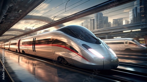 A sleek high-speed train races along the tracks, epitomizing efficient modern transit. Speedy locomotion, streamlined design, urban connectivity, rapid travel. Generated by AI.