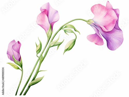 Pink Sweet Pea Flower. Watercolour Illustration of  Purple Sweet Peas Stem Isolated on White Background. photo