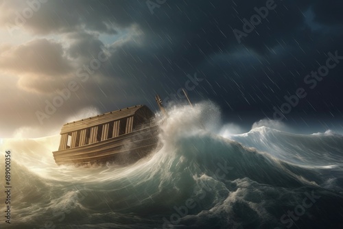 Wooden boat ocean. Noahs ark floating huge and dangerous waves storm. Generate AI photo