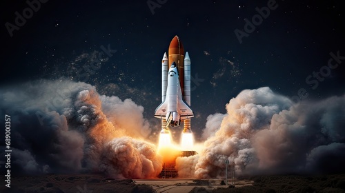 A space shuttle's launch embodies human ambition. Celestial exploration, technological advancement, cosmic journey, human ambition. Generated by AI.