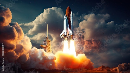 The space shuttle launch symbolizes mankind's boundless curiosity. Curiosity, cosmic exploration, technological endeavor, human achievement. Generated by AI.