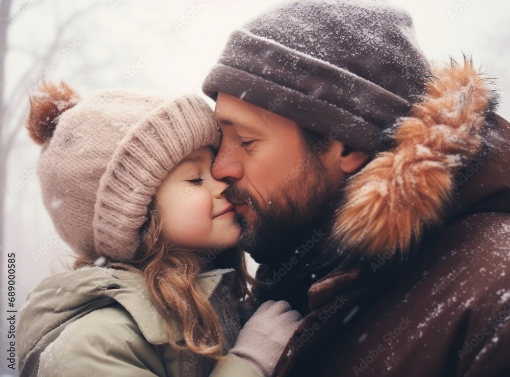 Portrait of happy family: Father and baby daughter on Winter Vacation in park. Happy, joyful family. - obrazy, fototapety, plakaty 