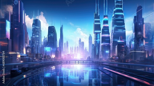 A captivating render portraying a futuristic cityscape, bustling with cutting-edge architecture. Futuristic, skyline, technology, urban, digital art, skyscrapers. Generated by AI.
