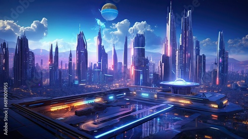 An impressive depiction of a high-tech cyberpunk cityscape, pulsating with neon-lit urban energy. Cyberpunk, futuristic, neon, technology, urban, digital art, skyline. Generated by AI. © Кирилл Макаров