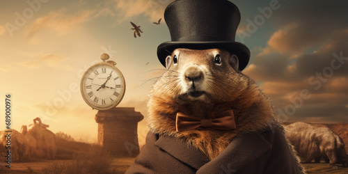 Anthropomorphic Groundhog Holding a Clock. Illustration of a Cute Funny Groundhog with Top Hat and Bow.