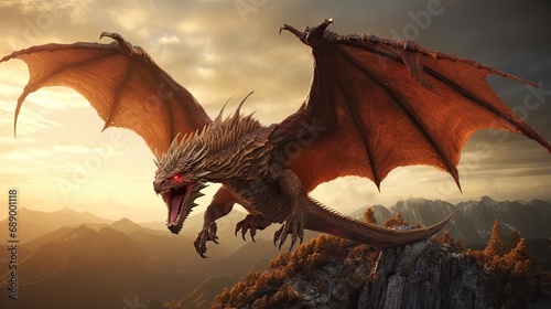 Epic, mystical, mythical creature in flight, fantastical, mythical beast, fierce dragon, soaring high, awe-inspiring, fantasy illustration. Generated by AI. © Кирилл Макаров