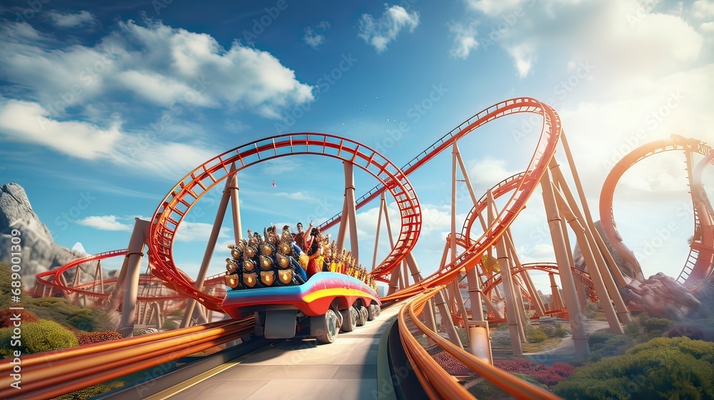 Exciting, swift motion, roller coaster adventure, amusement park excitement, adrenaline rush, exhilarating ride. Generated by AI.