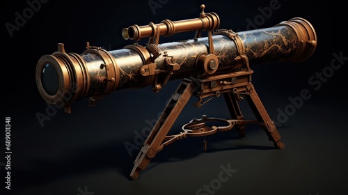 A captivating antique brass telescope, an opulent piece evoking nostalgia. Intricate, rare, optical marvel, astronomy, collectible, polished, historic, ornate, vintage, timeless. Generated by AI.
