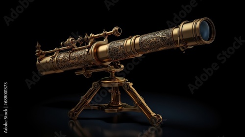 Captivating antique brass telescope, an exquisite relic from the past. Historic, ornate, collectible, celestial, optical instrument, vintage, polished, timeless, nostalgia. Generated by AI.