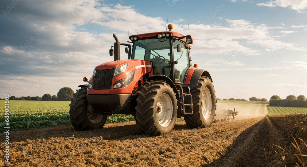 Fototapeta premium red tractor plowing cereal field with sky. Tractor cultivating field. large tractor plows field of freshly tilled soil. Tractor working in field, preparing land for planting, working plowed field