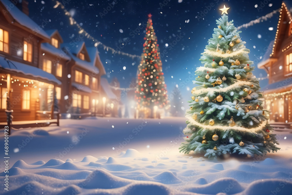 Christmas winter blurred background. Xmas tree with snow decorated. New year Winter art design with copy space.