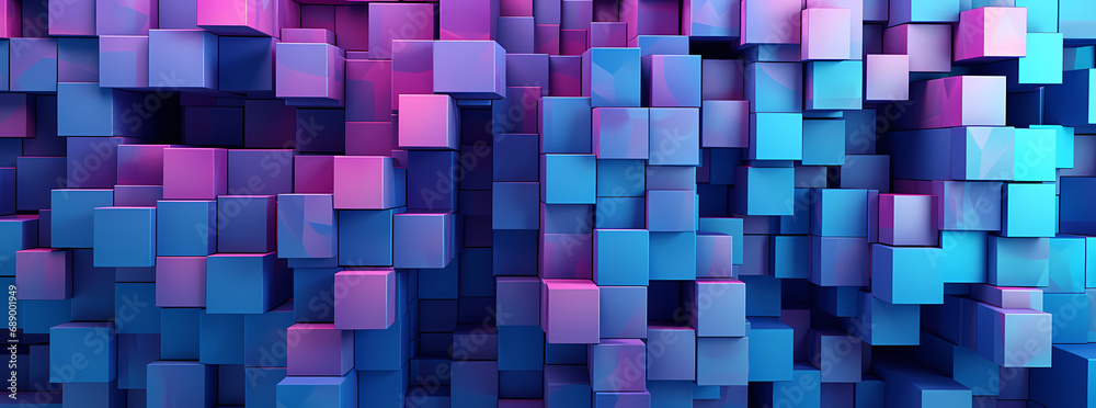 abstract blue pink and purple square wall texture, in the style of blocky, cubist, three-dimensional puzzles, rendered in cinema4d, luminous 3d objects, abstract