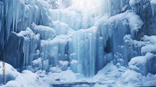 Enchanting portrayal of a frozen waterfall embellished with icicles. Enchanting, frozen waterfall, icicles, glimmering curtain, winter enchantment, icy elegance. Generated by AI.