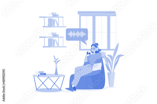 Woman Listening To A Podcast While Sitting On A Beanbag
