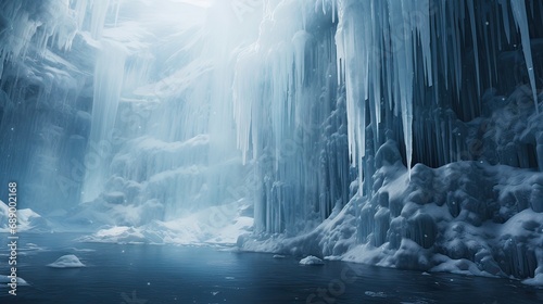 Tranquil  frozen waterfall  icicles  glistening curtain  serene  winter charm  icy cascade. Generated by AI.