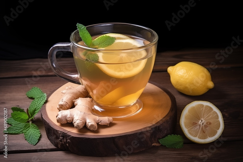cup of lemon honey and ginger tea on wooden table and black background