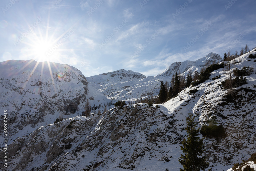 Sun Reveals Beautiful Winter Landscape in Triglav National Park in Slovenia