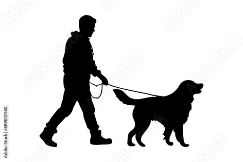 silhouette of man with dog walking isolated on white background dog on a leash
