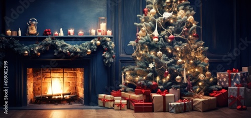 Gift Under Christmas Tree In Home Interior With Fireplace - Vintage Effects With Some Lens Flare Effect. Stylish Happy Christmas layout, greeting card or banner template.