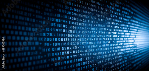 Blue digital binary data on computer screen background. binary code background. Digital binary code matrix background