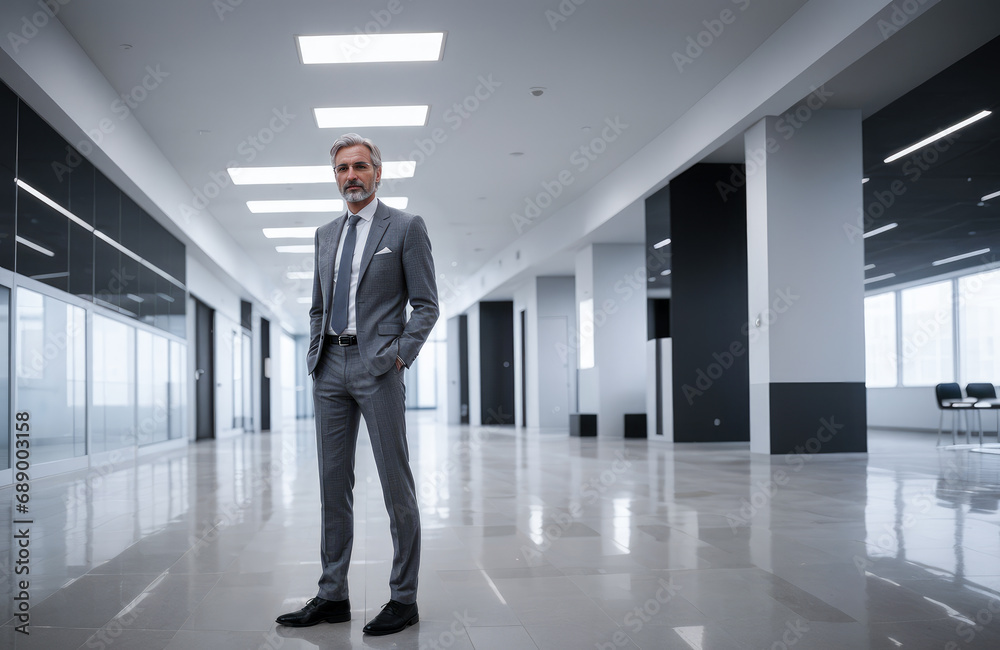 CEO manager, middle-aged man with gray hair in modern office. full body photo. business man ceo, successful confident happy male executive wearing suit standing in office looking at camera