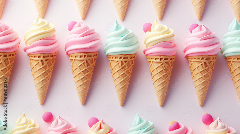 Pattern with ice cream in waffle, colourful ice cream cones seamless background, copy space banner greeting card, Valentine day Mother day Birthday Easter International women day concept Pattern with ice cream in waffle, colourful ice cream cones seamless background, copy space banner greeting card, Valentine day Mother day Birthday Easter International women day concept