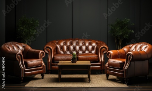 Classic brown leather sofa set with elegant tufted details in a dimly lit room featuring a coffee table. photo