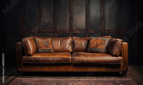 Classic brown leather sofa with elegant brown pillows in a dimly lit room.