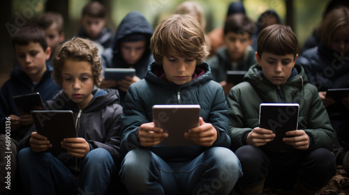 Technology danger and warning. Hypnotized school kids looking at their mobile or tablet device. Where is our world going? Abstract dark futuristic view of children in the near future #689003136