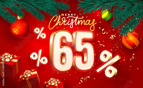 Merry Christmas, 65 percent Off discount. Sale banner and poster. Vector illustration.
