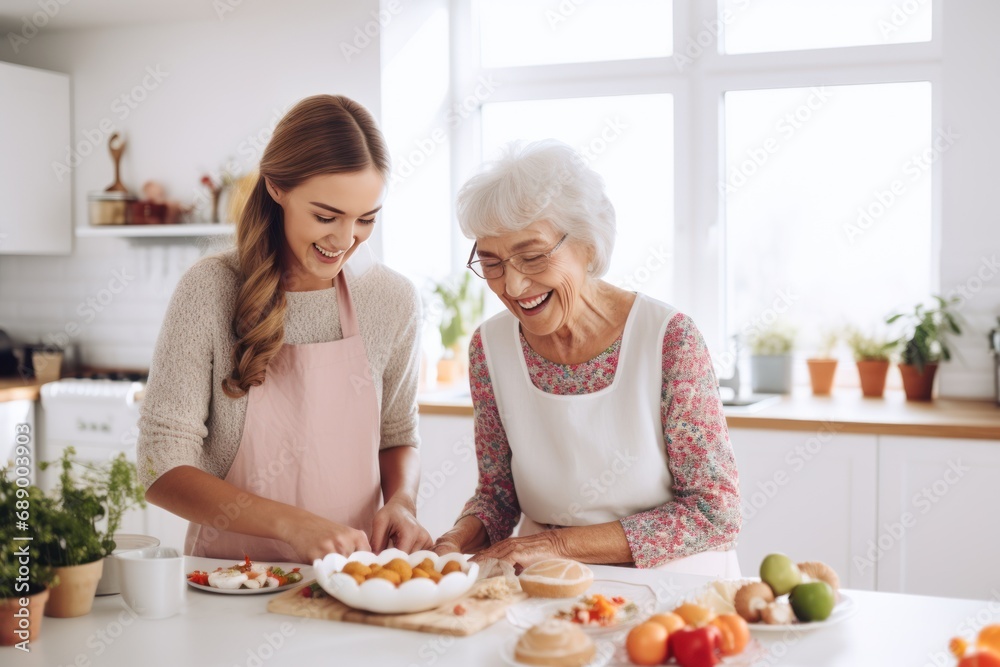 Happy family grandmother old mother mother-in-law and daughter-in-law daughter cook in kitchen, knead dough and bake cookies. Happy family grandmother old mother mother-in-law and daughter-in-law daughter cook in kitchen, knead dough and bake cookies.