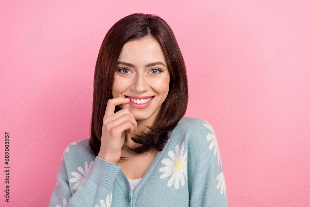 Photo of tricky adorable woman dressed teal outfit smiling fin ger mouth empty space isolated pink color background Photo of tricky adorable woman dressed teal outfit smiling fin ger mouth empty space isolated pink color background