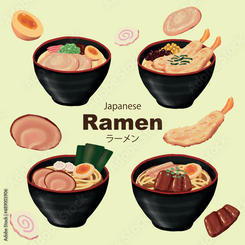 Hand drawn Japanese Ramen with ingredients Illustration 1