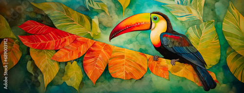 Trendy toucan bird art with tropical flowers and botanical foliage background. Colorful toco hornbill in paradise for vacation beach travel, cartoon exotic jungle, modern graphic resource by Vita photo