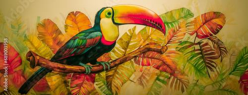 Trendy toucan bird art with tropical flowers and botanical foliage background. Colorful toco hornbill in paradise for vacation beach travel  cartoon exotic jungle  modern graphic resource by Vita