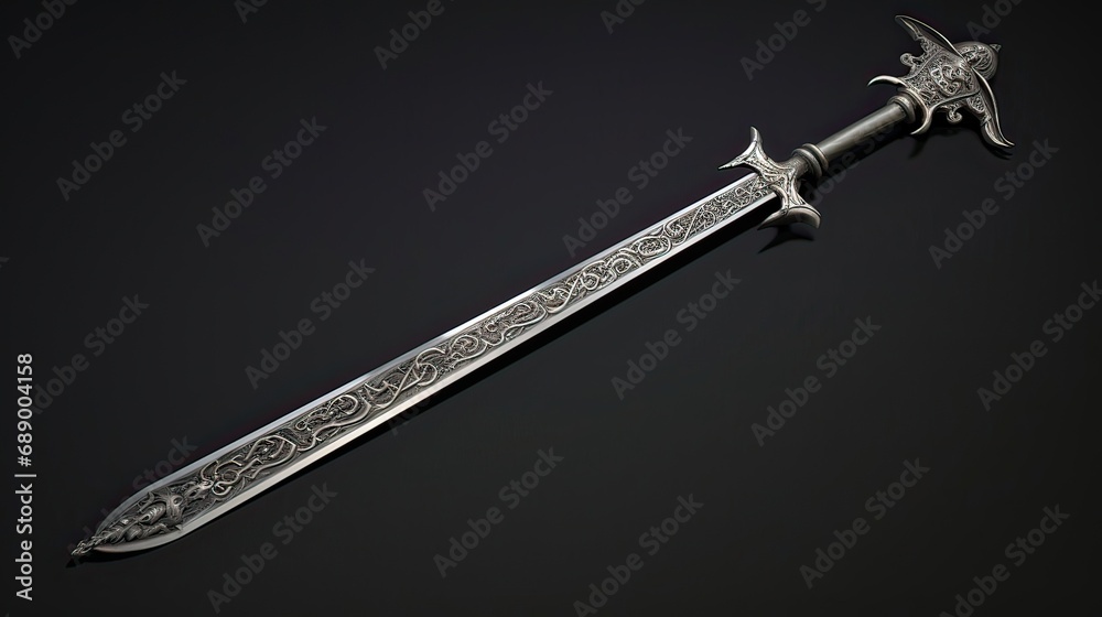 An ornate fantasy sword featuring intricate engravings that transport one to mythical realms. Elaborate design, decorative blade, fantastical allure, collector's fantasy. Generated by AI.