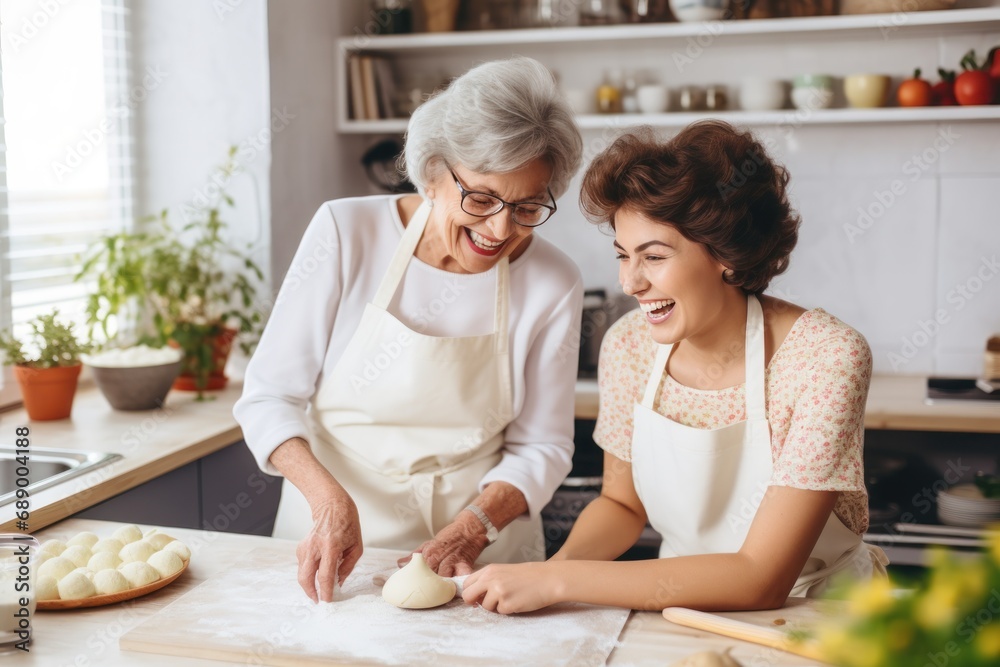 Happy family grandmother old mother mother-in-law and daughter-in-law daughter cook in kitchen, knead dough and bake cookies. Happy family grandmother old mother mother-in-law and daughter-in-law daughter cook in kitchen, knead dough and bake cookies.