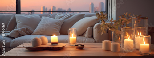 A cozy high-detail snapshot of a modern living room in the evening with a cluster of elegant candles lit on a minimalist wooden table photo