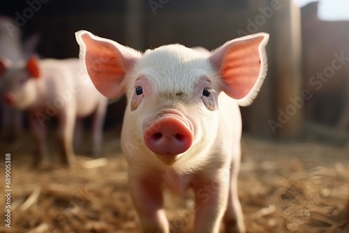 Piglet pig farm. Pink and small swine looking with happy and black eyes. Generate AI
