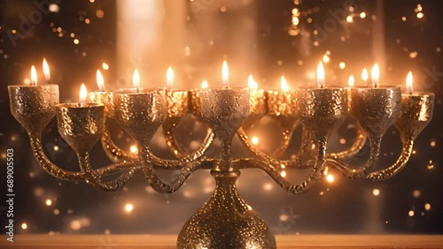 Hanukkah menorah candles burning. Sparkling lights moving around. Jewish holiday tradition chanukah Judaism photo