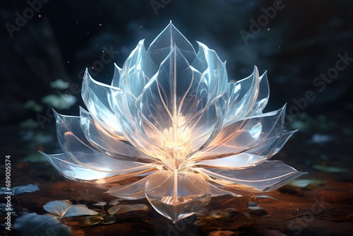 beautiful leaves grow from a giant floating crystal flower, huge petals glittering with transparent light, white background, crystal drops, falling reflected light, reflection fantasy image