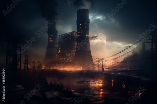 Power station night. Enormous tall factory operating severe thunderstorm. Generate AI