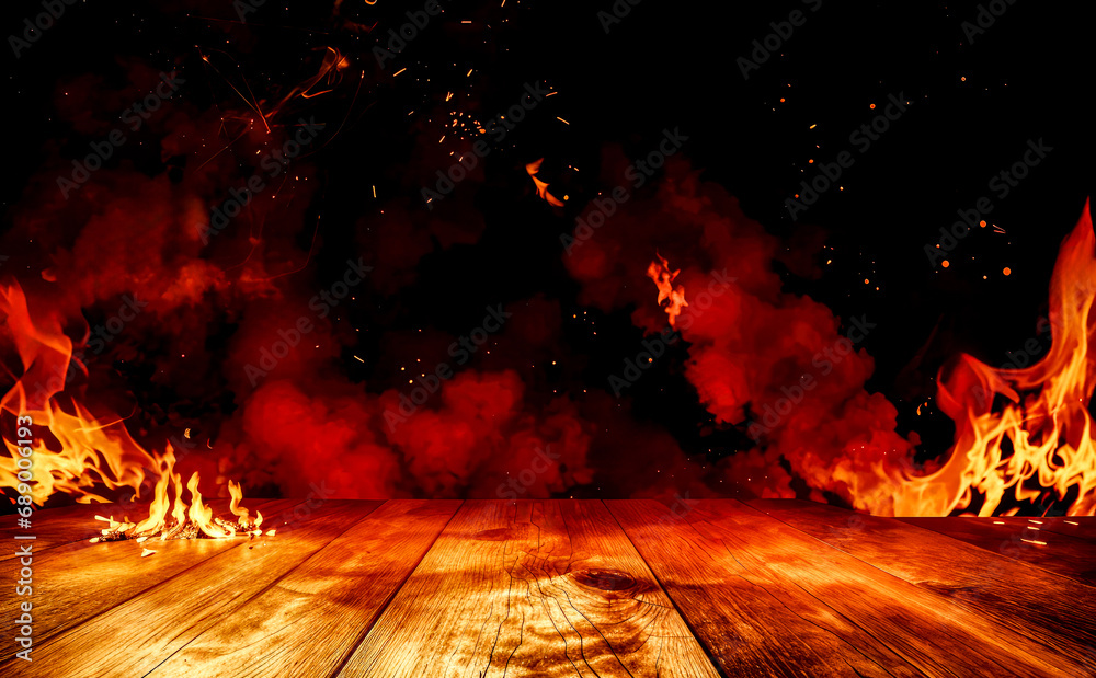 wooden table with Fire burning, fire particles, sparks, and smoke. Wood ...